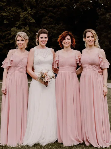 A-line V-neck Chiffon Sweep Train Bridesmaid Dresses #Milly01014081