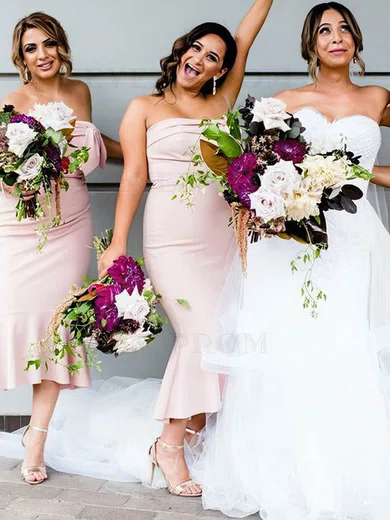 Trumpet/Mermaid Strapless Silk-like Satin Tea-length Bow Bridesmaid Dresses #Milly01014084
