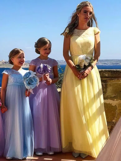 A-line Scoop Neck Tulle Floor-length Appliques Lace Bridesmaid Dresses #Milly01014088