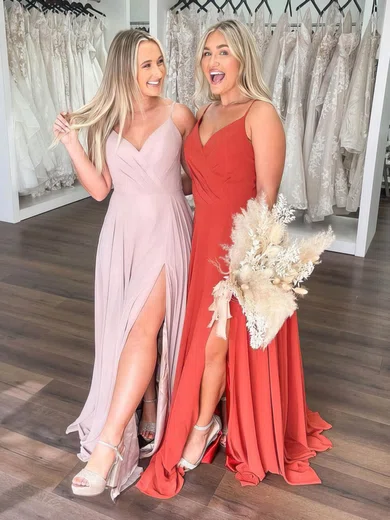 A-line V-neck Chiffon Sweep Train Split Front Bridesmaid Dresses #Milly01014094