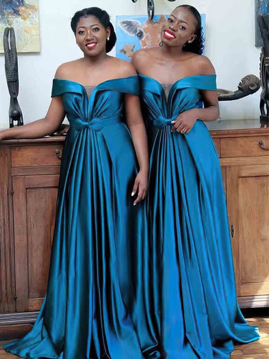 A-line Off-the-shoulder Silk-like Satin Sweep Train Bow Bridesmaid Dresses #Milly01014107