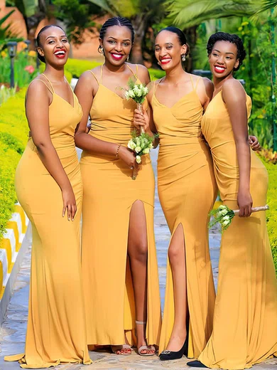 Sheath/Column V-neck Silk-like Satin Floor-length Ruffles Bridesmaid Dresses #Milly01014108