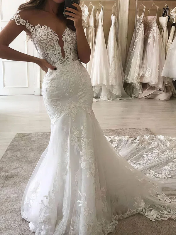 Trumpet/Mermaid Off-the-shoulder Tulle Court Train Appliques Lace Wedding Dresses #Milly00023966