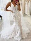 Trumpet/Mermaid V-neck Tulle Sweep Train Appliques Lace Wedding Dresses #Milly00023967