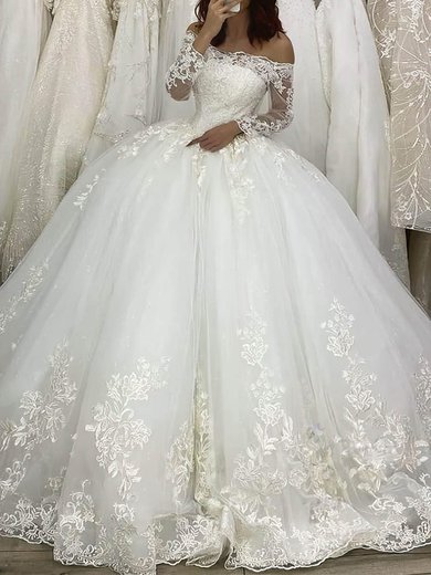 Ball Gown/Princess Off-the-shoulder Tulle Court Train Wedding Dresses With Appliques Lace #Milly00023971