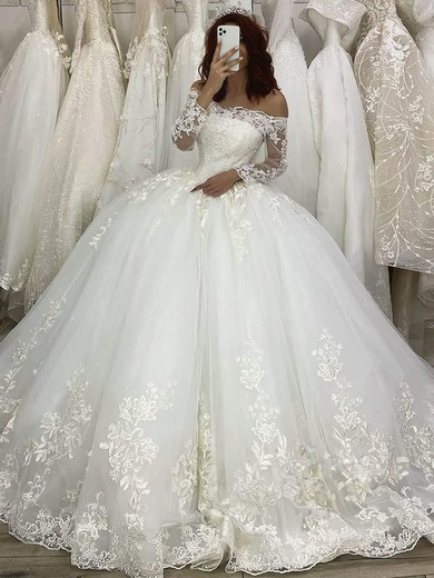 Princess Off-the-shoulder Tulle Court Train Appliques Lace Wedding Dresses #Milly00023971