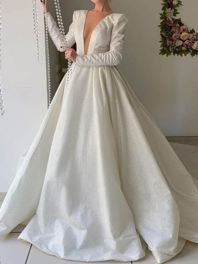 Ball Gown V-neck Satin Court Train Wedding Dresses #Milly00023974