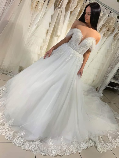 Ball Gown Off-the-shoulder Tulle Court Train Wedding Dresses With Appliques Lace #Milly00023975