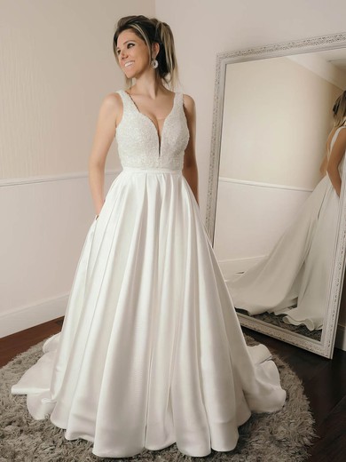 A-line V-neck Silk-like Satin Glitter Sweep Train Pockets Wedding Dresses #Milly00023979
