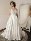 Ball Gown V-neck Satin Sweep Train Wedding Dresses With Pockets #Milly00023979