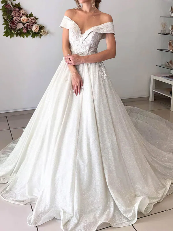 Ball Gown Off-the-shoulder Glitter Court Train Wedding Dresses With Appliques Lace #Milly00023980