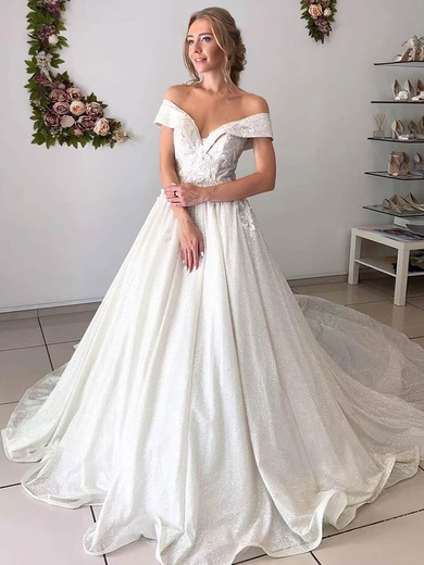 Ball Gown Off-the-shoulder Glitter Court Train Wedding Dresses With Appliques Lace #Milly00023980