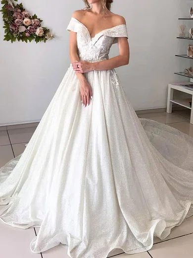 Ball Gown/Princess Off-the-shoulder Glitter Court Train Wedding Dresses With Appliques Lace #Milly00023980