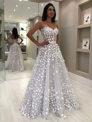 Ball Gown Sweetheart Tulle Floor-length Wedding Dresses With Appliques Lace #Milly00023983
