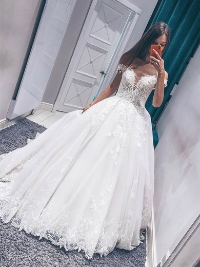 Ball Gown Off-the-shoulder Tulle Sweep Train Beading Wedding Dresses #Milly00023984