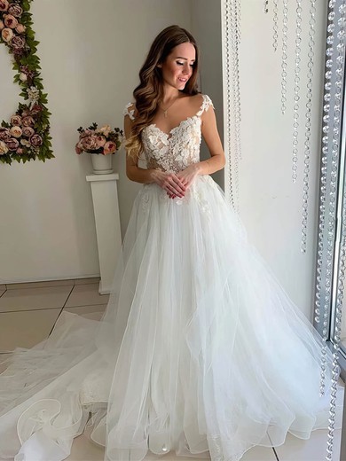 A-line Scoop Neck Tulle Sweep Train Appliques Lace Wedding Dresses #Milly00023985