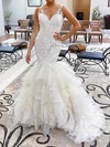 Trumpet/Mermaid V-neck Tulle Sweep Train Wedding Dresses With Tiered #Milly00023986