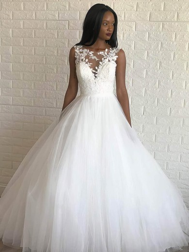 A-line Scoop Neck Tulle Sweep Train Appliques Lace Wedding Dresses #Milly00023988