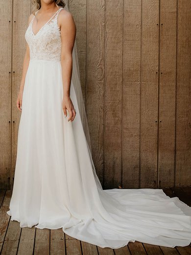 A-line V-neck Chiffon Sweep Train Wedding Dresses With Appliques Lace #Milly00023990