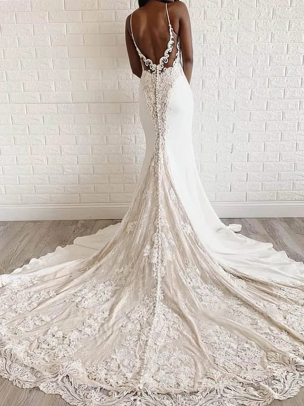 Trumpet/Mermaid Sweetheart Stretch Crepe Lace Court Train Wedding Dresses With Appliques Lace #Milly00023992