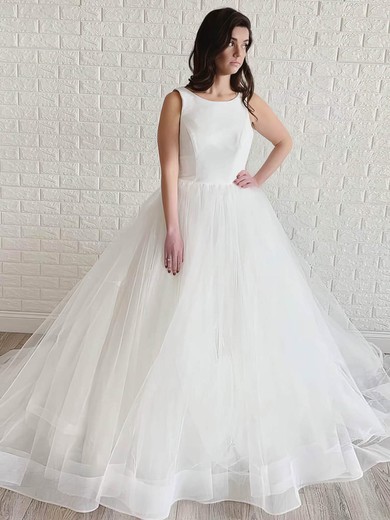 A-line Scoop Neck Satin Tulle Court Train Wedding Dresses #Milly00023993