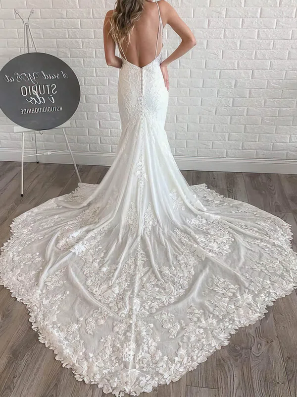 Trumpet/Mermaid V-neck Lace Court Train Wedding Dresses With Appliques Lace #Milly00023994