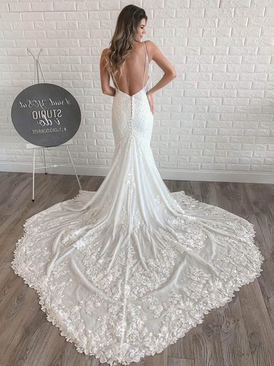 Trumpet/Mermaid V-neck Tulle Court Train Appliques Lace Wedding Dresses #Milly00023994