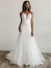 Ball Gown V-neck Tulle Sweep Train Wedding Dresses With Appliques Lace #Milly00023995