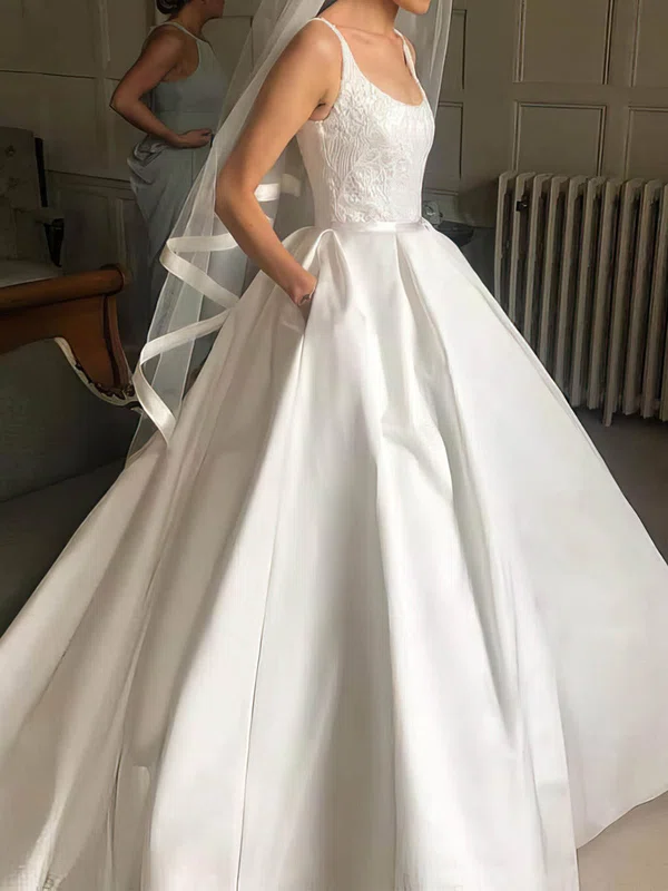 Ball Gown/Princess Square Neckline Satin Sweep Train Wedding Dresses With Pockets #Milly00023997