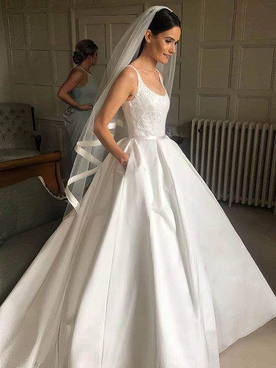 Ball Gown Square Neckline Satin Sweep Train Wedding Dresses With Pockets #Milly00023997