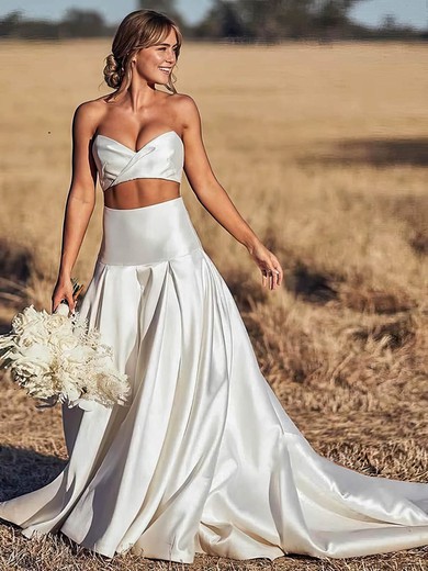 A-line Strapless Silk-like Satin Court Train Wedding Dresses #Milly00023998
