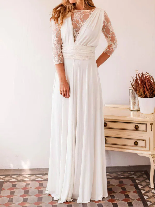 A-line Illusion Lace Chiffon Floor-length Wedding Dresses #Milly00023999