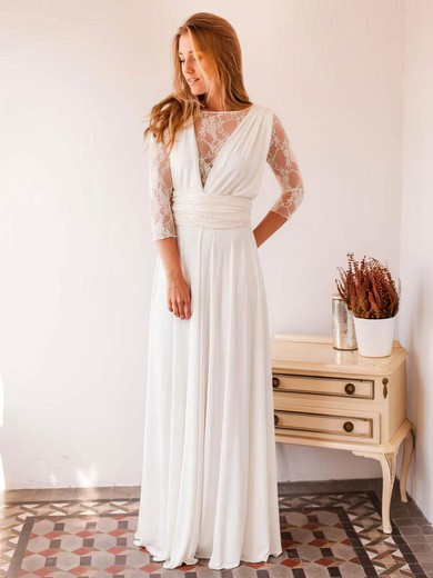 A-line Illusion Lace Chiffon Floor-length Wedding Dresses #Milly00023999