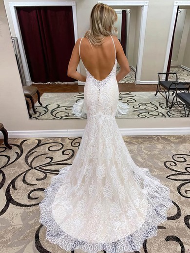 Trumpet/Mermaid V-neck Lace Sweep Train Wedding Dresses #Milly00024000