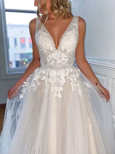 A-line V-neck Tulle Sweep Train Appliques Lace Wedding Dresses #Milly00024004