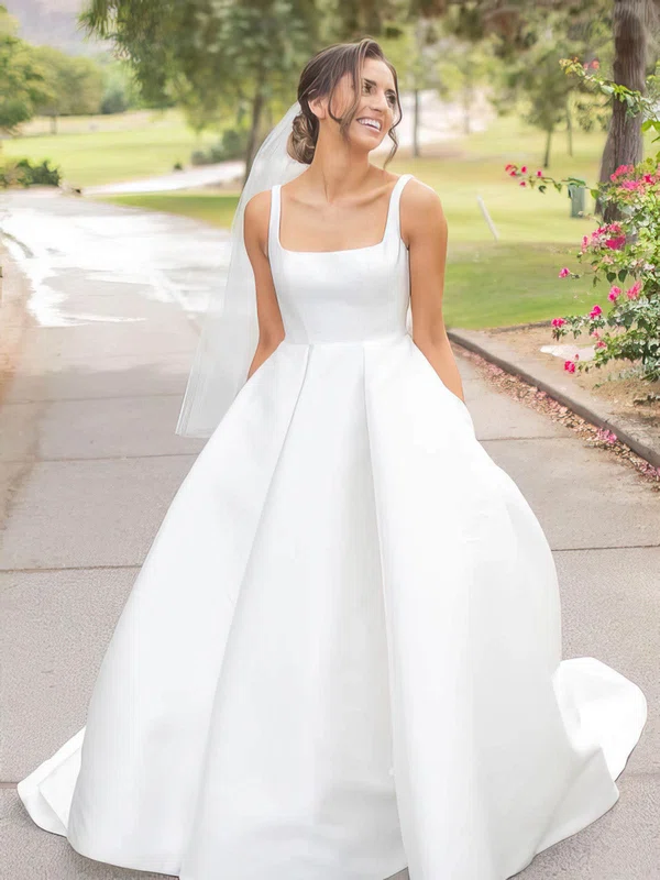 Ball Gown Square Neckline Satin Sweep Train Wedding Dresses With Pockets #Milly00024006