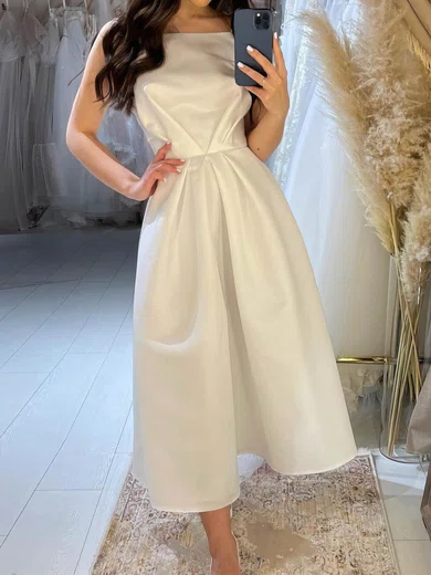 A-line Square Neckline Satin Tea-length Wedding Dresses #Milly00024010