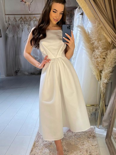 A-line Square Neckline Satin Tea-length Wedding Dresses #Milly00024010