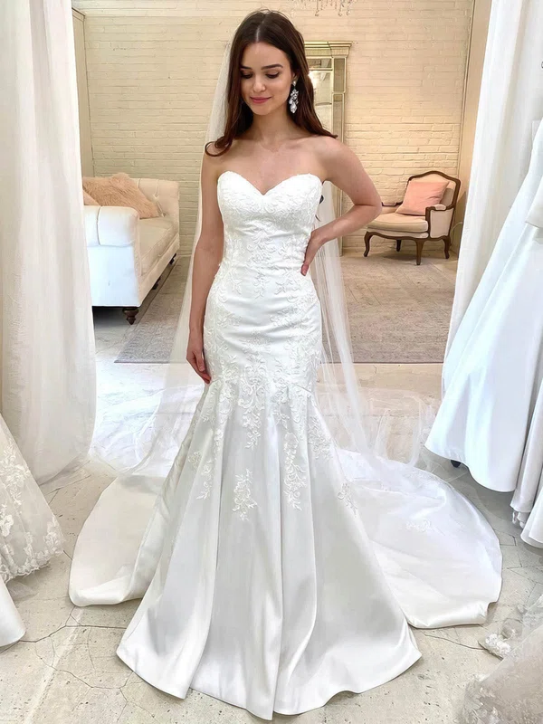 Trumpet/Mermaid Sweetheart Satin Sweep Train Wedding Dresses With Appliques Lace #Milly00024012