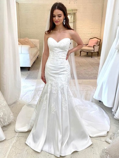 Trumpet/Mermaid Sweetheart Satin Sweep Train Wedding Dresses With Appliques Lace #Milly00024012