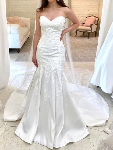 Trumpet/Mermaid Sweetheart Satin Sweep Train Wedding Dresses With Appliques Lace #Milly00024012