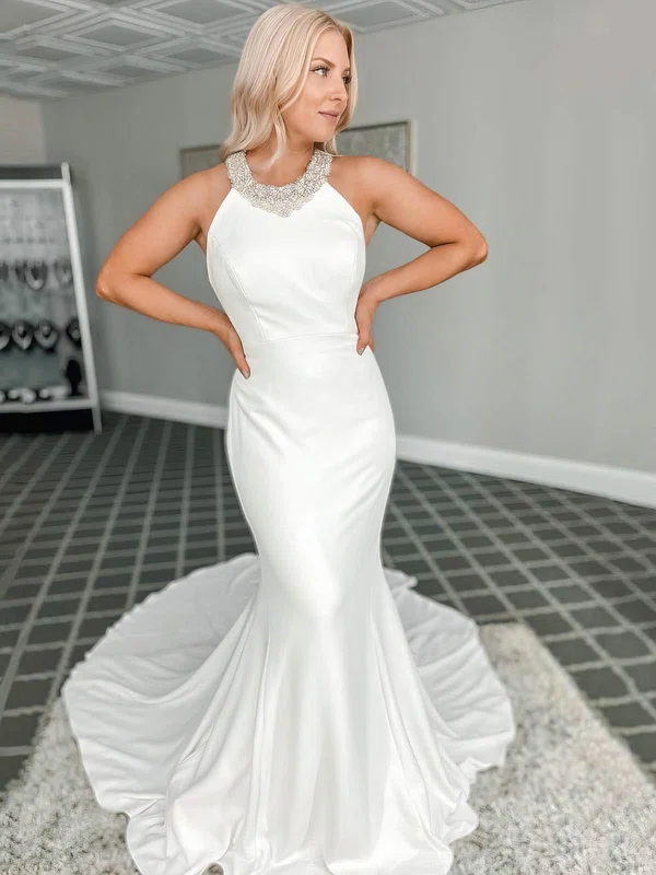 Trumpet/Mermaid Halter Stretch Crepe Court Train Wedding Dresses With Beading #Milly00024014