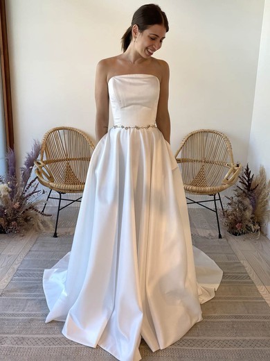 Ball Gown Straight Satin Sweep Train Wedding Dresses With Pockets #Milly00024017