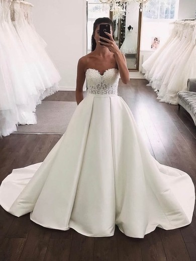 Ball Gown Sweetheart Satin Court Train Wedding Dresses With Appliques Lace #Milly00024019