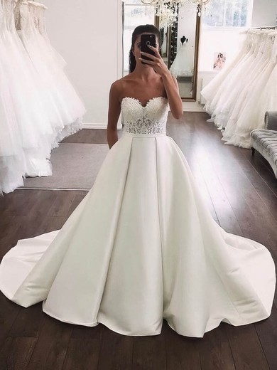 Ball Gown Strapless Satin Court Train Appliques Lace Wedding Dresses #Milly00024019