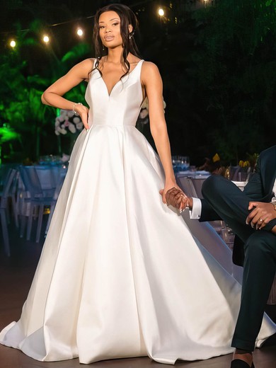 A-line V-neck Satin Court Train Appliques Lace Wedding Dresses #Milly00024021