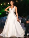 Ball Gown V-neck Satin Court Train Wedding Dresses With Appliques Lace #Milly00024021