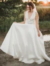 A-line V-neck Satin Sweep Train Wedding Dresses With Appliques Lace #Milly00024022