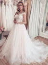 Ball Gown Illusion Tulle Court Train Wedding Dresses With Appliques Lace #Milly00024024