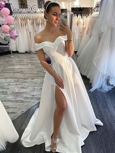 Ball Gown Off-the-shoulder Satin Sweep Train Wedding Dresses With Split Front #Milly00024031